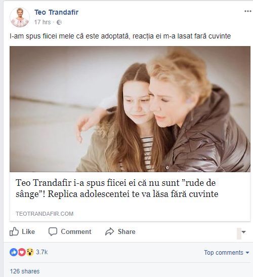 Teo a postat ieri articolul cu emisiunea în care îi spune fiicei sale că este adoptată