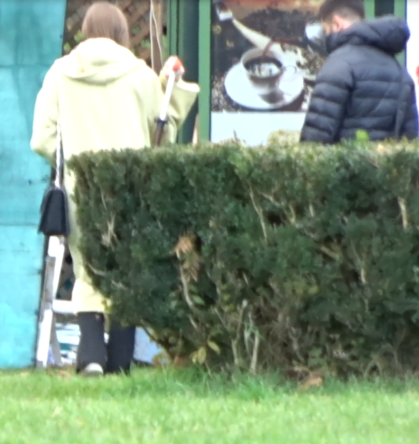 Iulia Albu, cărând trotineta fiicei sale, fără să aştepte un ajutor din partea iubitului ei