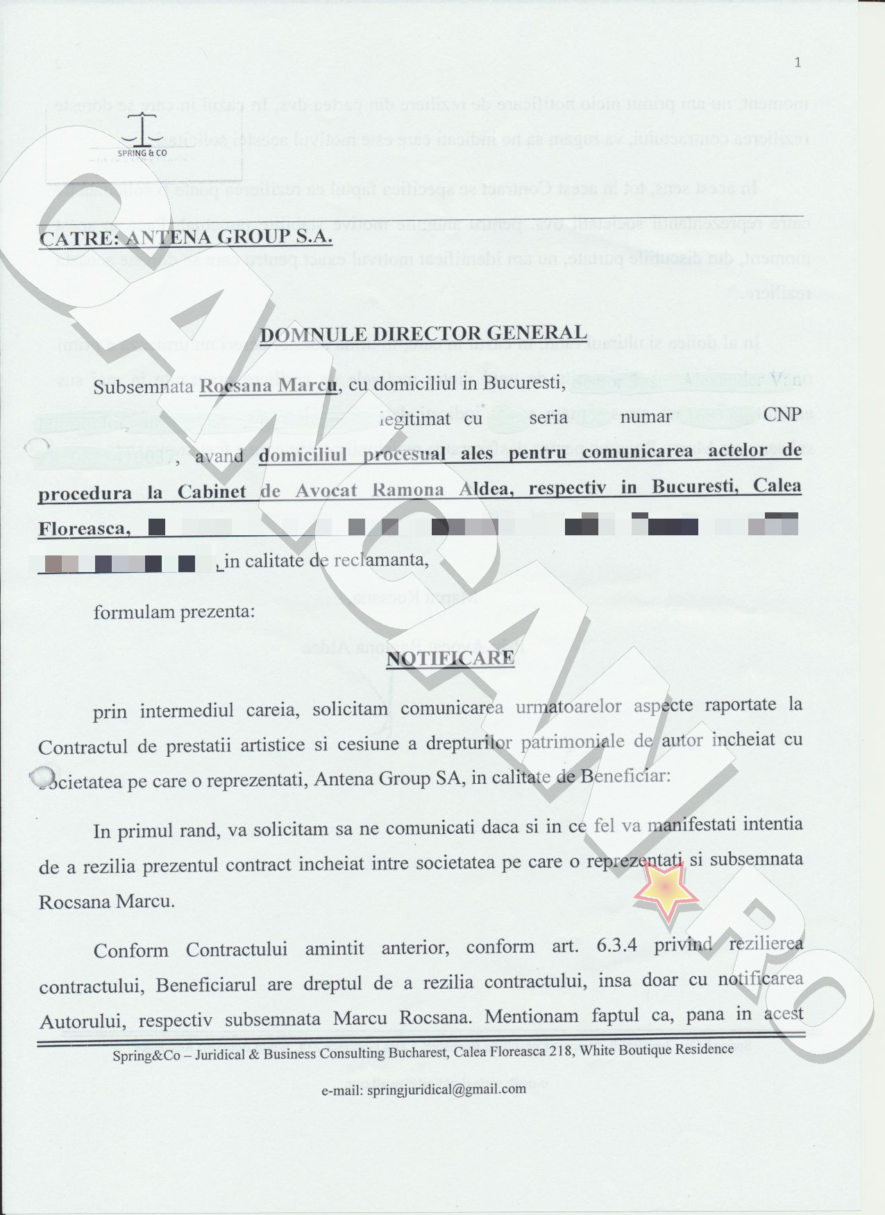 O parte dintre notificările înaintate de avocatul Rocsanei Marcu în vederea dezvăluirii motivelor care au dus scoaterea ei de la cârma emisiunii ”Agenţia VIP”
