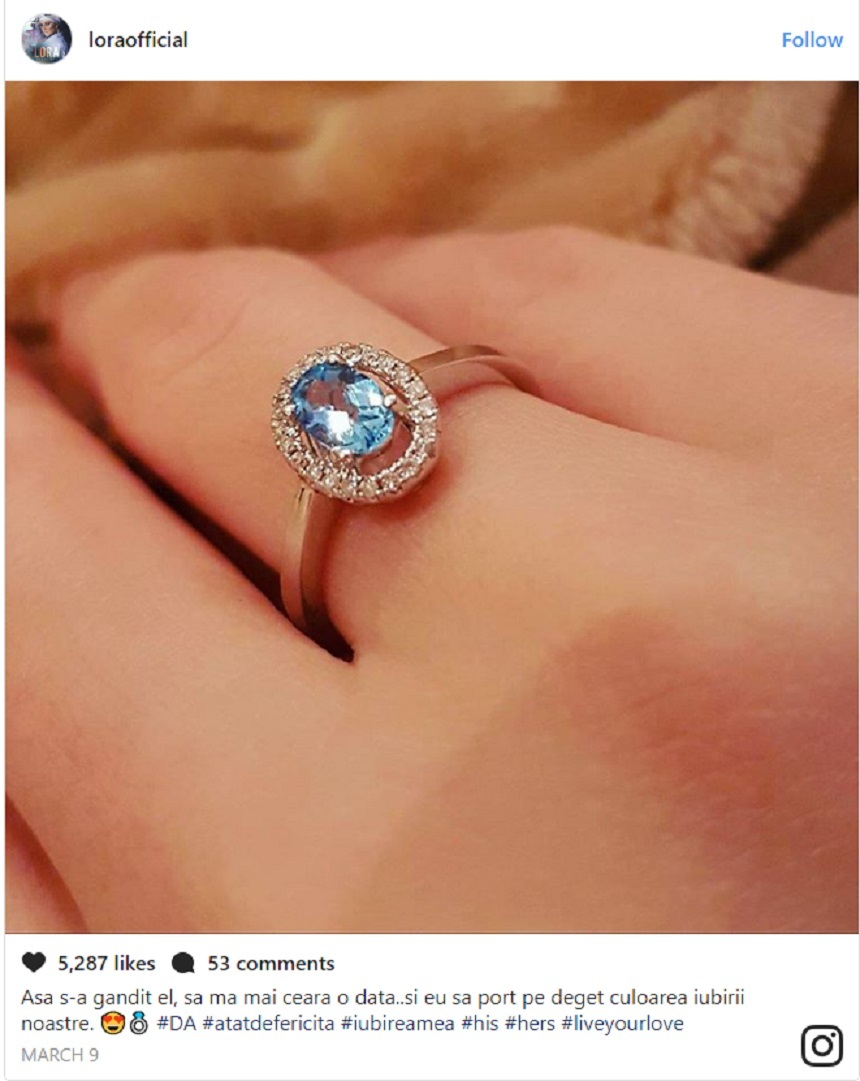 Cel de-al doilea inel de logodnă primit de Lora de la Ionuţ Ghenu. Sursa foto: Instagram