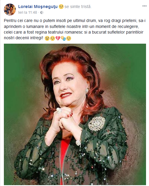 Lorelai Moşneguţu, mesaj sfâşietor după moartea Stelei Popescu