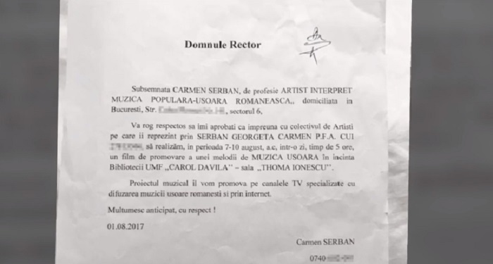 Aceasta e cererea pe care Carmen Şerban a făcut-o către rectorul Universităţii de Medicină şi Farmacie “Carol Davila” din Bucureşti. Sursă foto: captură Antena 1