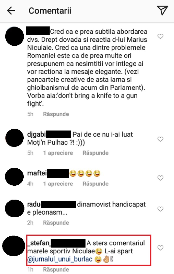 Ştefan, un internaut, a comentat faptul că fostul sportiv a şters mesajul pe care îl lăsase la postarea lui Mihai Bendeac. Sursa foto: Instagram