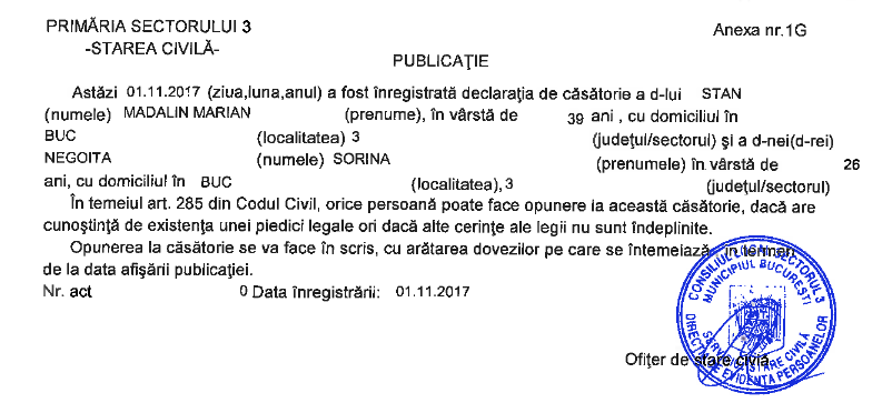 Oficiul Stării Civile Sector 3 confirmă căsătoria între Mădălin de la Giurgiu şi Sorina Docuz