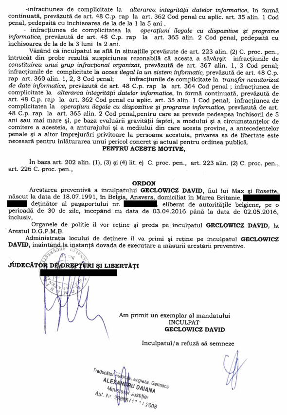 David Geclowicz a fost plasat încă din 3 aprilie în custodia Poliţiei Române