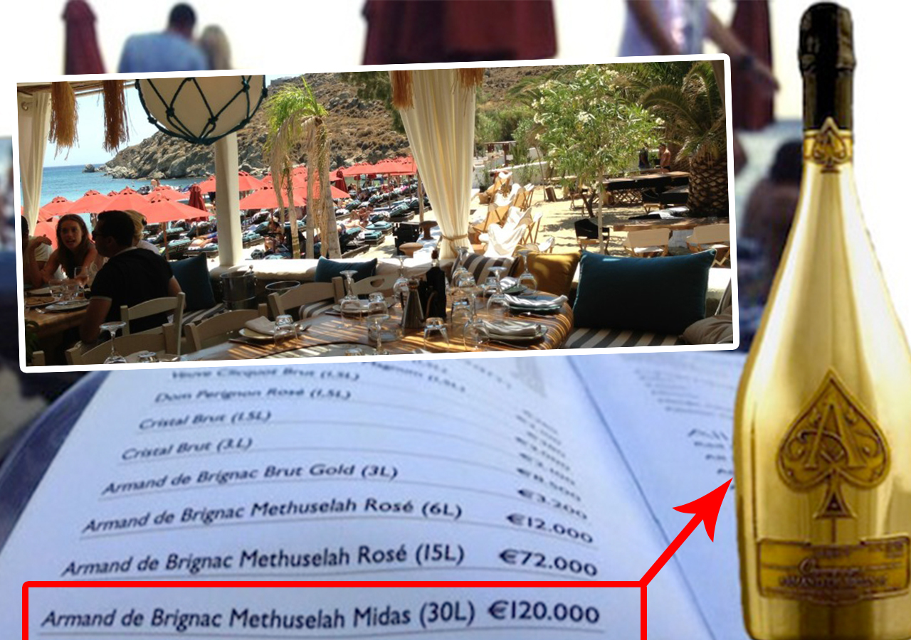 Pe plaja de la Nammos (proprietate a lui Papalekas), o sticlă de şampanie Armand de Brignac Methuselah Midas (30 de litri) are un preţ de meniu de 120.000 de euro!