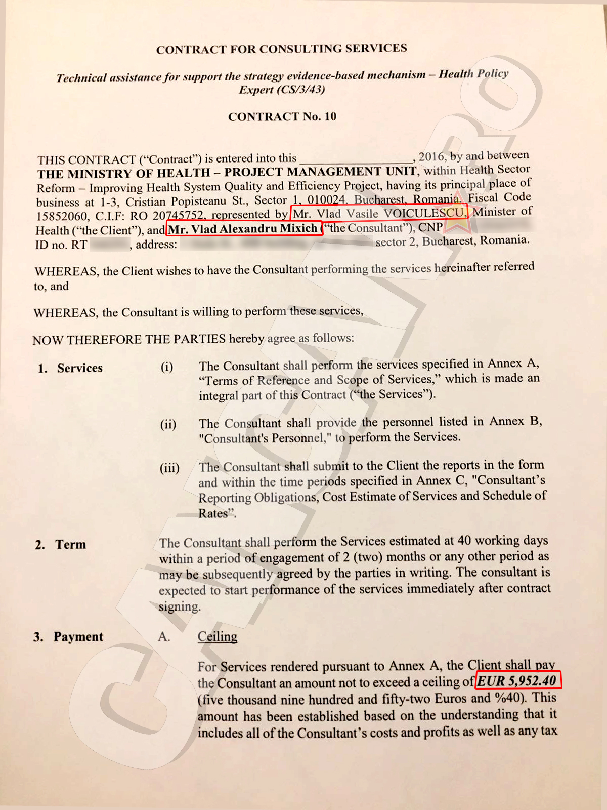 PREMIERĂ. Acesta este documentul (draft) prin care Ministerul Sănătăţii se angaja să-i plătească lui Mixich 6.000 de euro în schimbul unor servicii de consultanţă