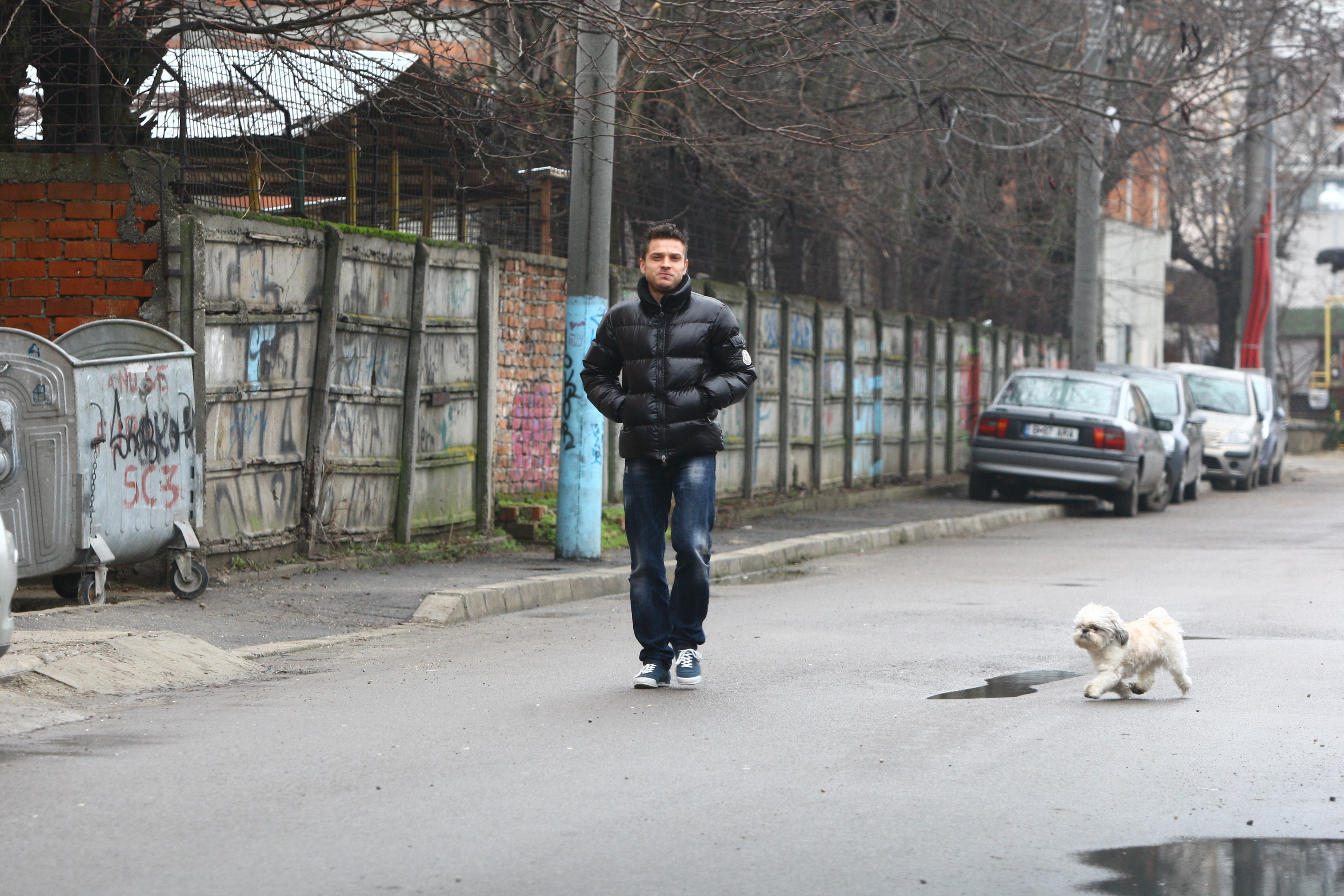 Sportivul isi plimba patrupedul prin tot cartierul