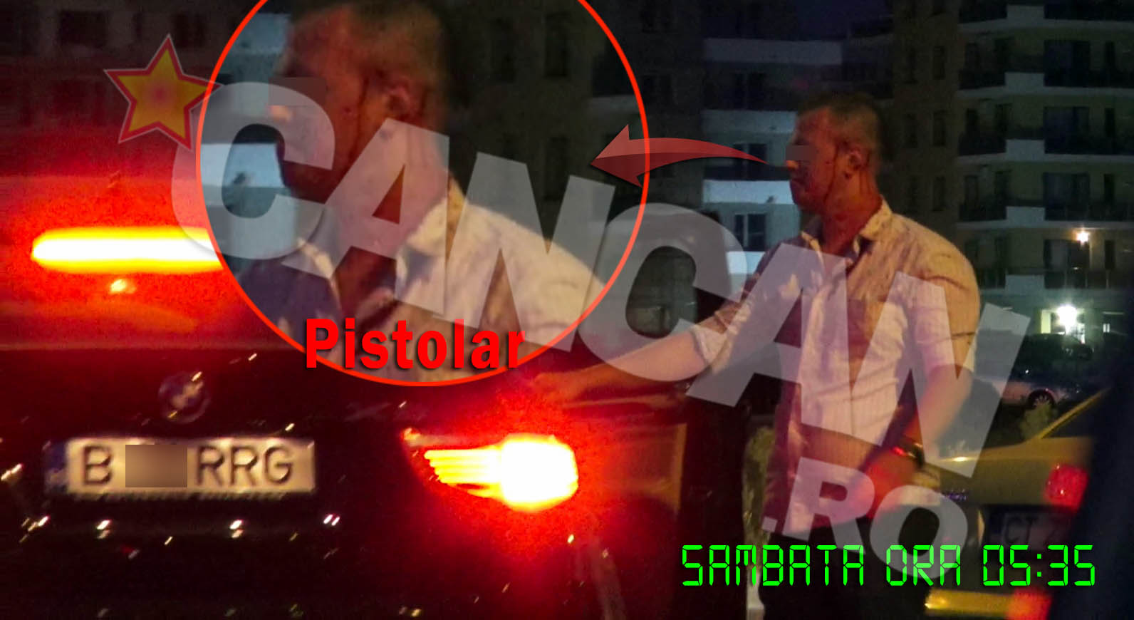 Pe chipul pistolarului se vad puternic urmele de sange