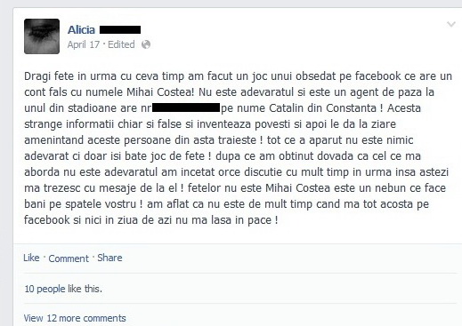 Dansatoarea Alicia a postat pe Facebook un mesaj in care deconspira adevarata identitate a barbatului care agata femei in numele fotbalistului Mihai Costea