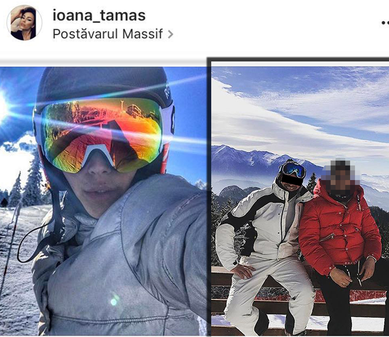 Ioana Tamaş (stânga) şi-a pus pe Facebook poze de pe pârtia de ski, dar nu şi de la LOFT-SUSAI. În schimb, partenerul ei neoficial (în dreapta, jachetă roşie, pantaloni negri) s-a fotografiat acolo cu un amic, ca să nu dea de bănuit!