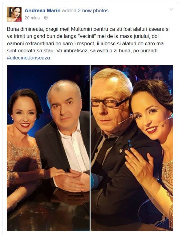 Andreea Marin le-a mulţumit celorlalţi membri ai juriului printr-o postare pe Facebook