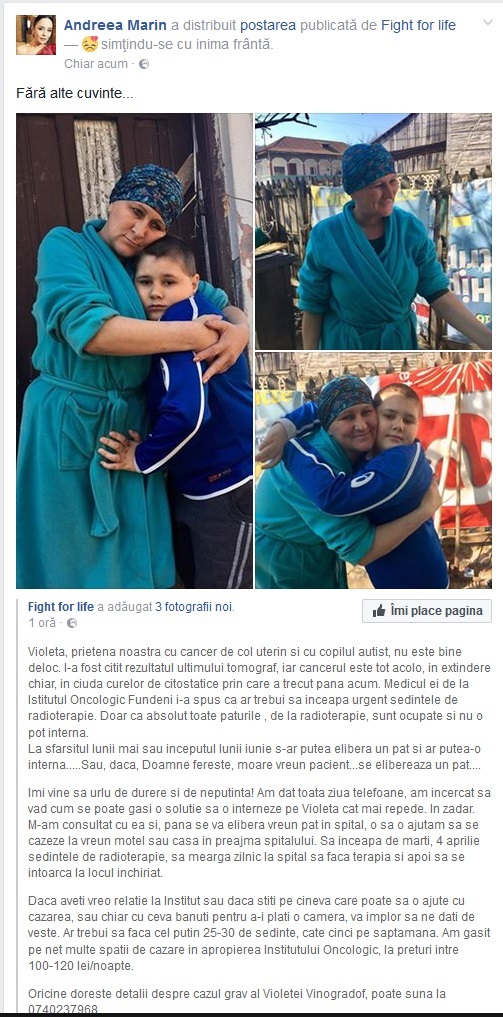 Andreea Marin a cerut ajutorul fanilor pentru o prietenă care suferă de cancer şi are băiatul autist