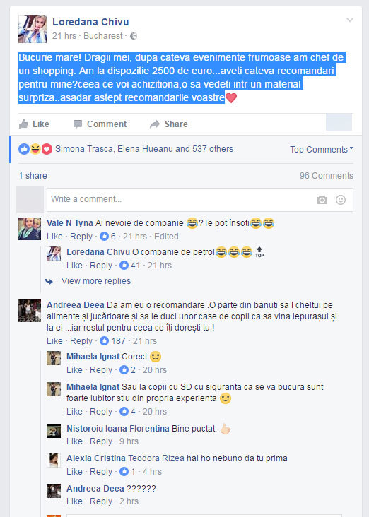 Mulţi au îndemnat-o pe Loredana să fie generoasă, dar ea nu le-a răspuns