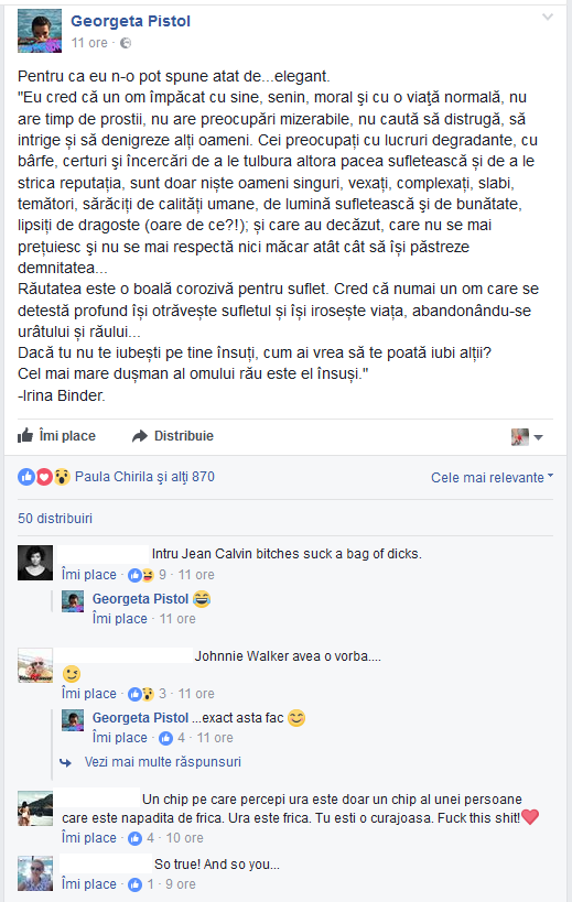 Gina Pistol, mesaj dur după aflarea veştii că se iubeşte cu Smiley
