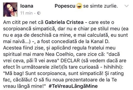 Ioana Popescu vrea să îi ia locul Gabrielei Cristea