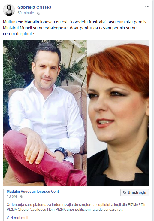Gabriela Cristea i-a mulţumit lui Mădălin Ionescu pentru că a luat atitudine în scandalul cu Lia Olguţa Vasilescu