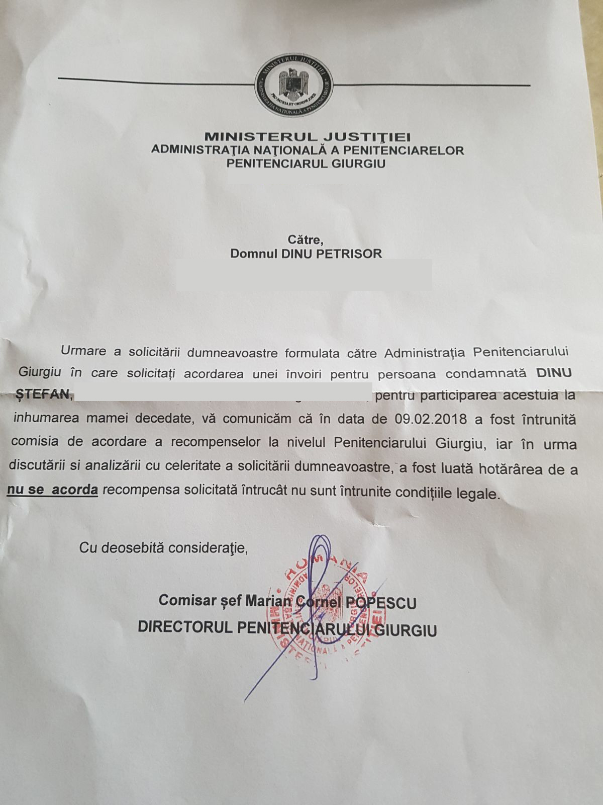 Motivarea pe care a primit-o familia lui Fane Căpățână din partea Penitenciarului Giurgiu