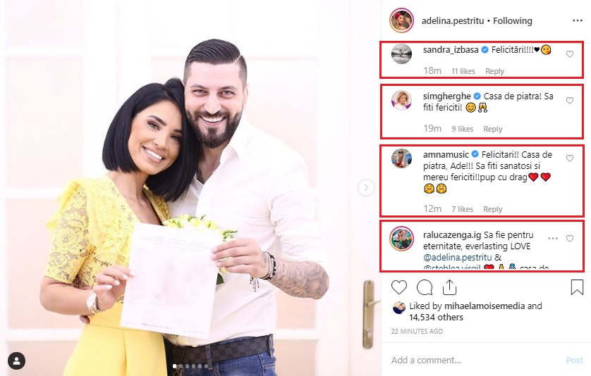 Adelina Pestrițu a anunțat și pe Instagram că s-a căsătorit civil cu Virgil Steblea, iar vedetele i-au copleșit cu gândurile frumoase pe care le-au transmis.