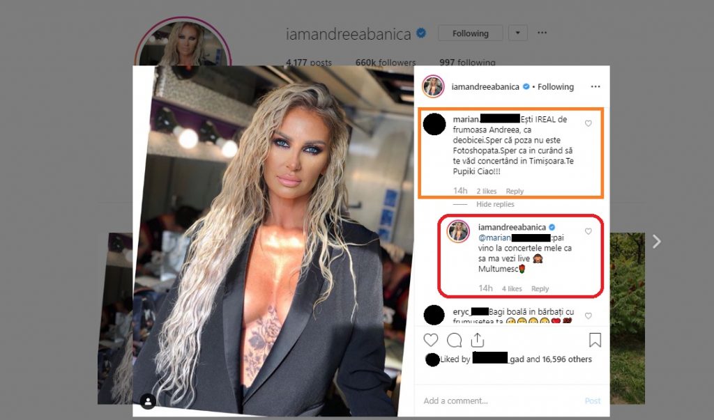 Andreea Bănică i-a răspuns unui fan care i-a mărturisit că această poză nu a fost photoshopată. © Instagram