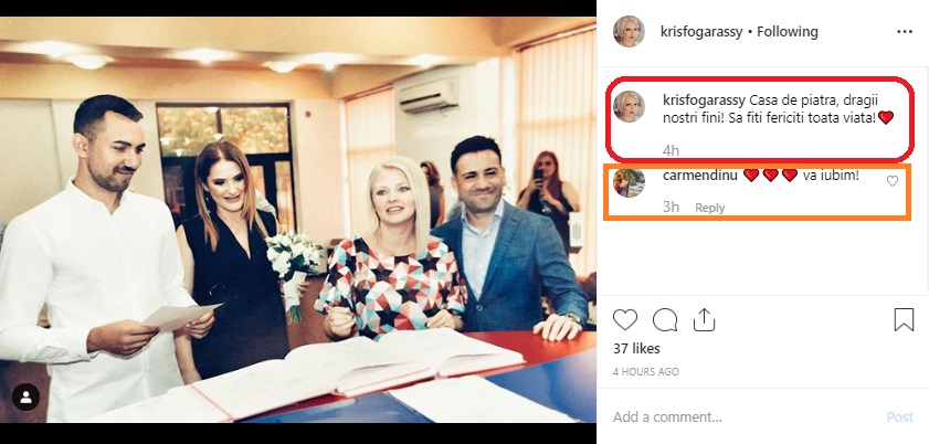 Cristina și soțul ei, Cristian Fogarassy, sunt nașii unor tineri care au făcut astăzi cununia civilă © Instagram