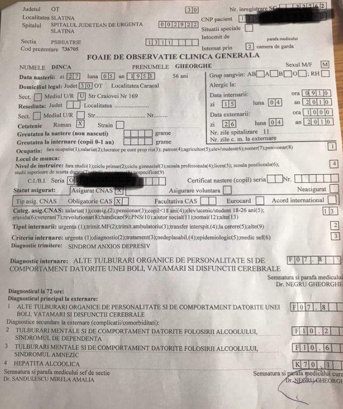 Fișa de observație medicală a fost obținută de gazetaoltului.ro