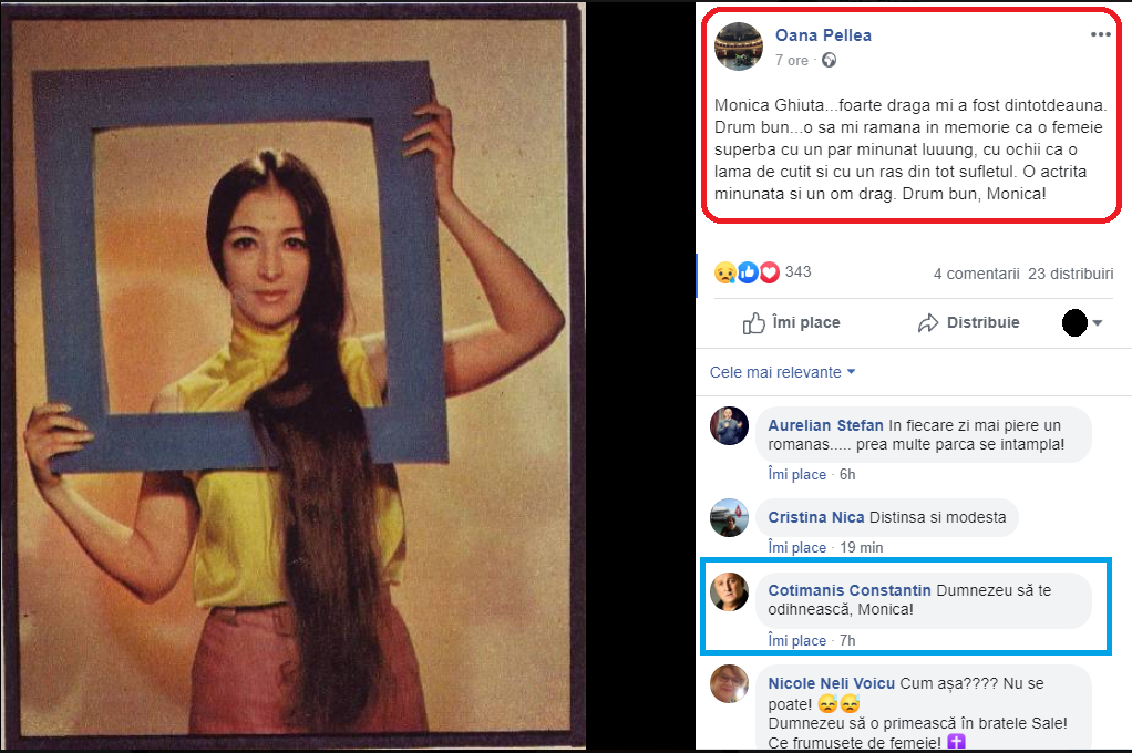 La postarea sfâșietoare a Oanei Pellea a lăsat un comentariu și actorul Constantin Cotimanis © Facebook
