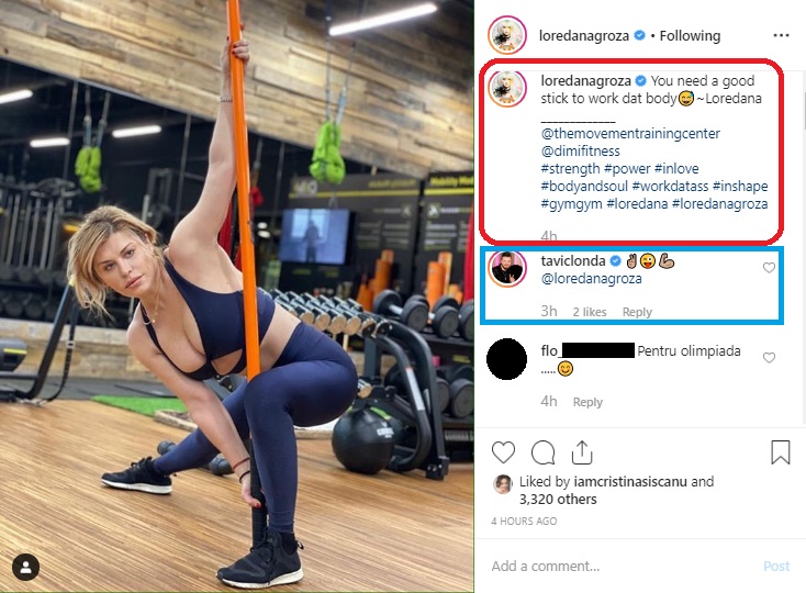 Tavi Clonda a lăsat un comentariu la postarea Loredanei Groza de la sala de antrenament © Instagram