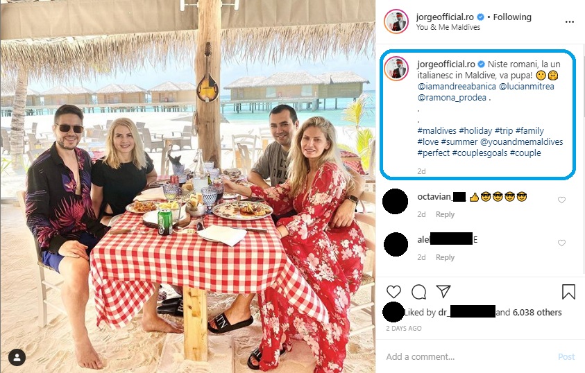 Cântărețul Jorge, alături de soția sa, Ramona Papagheorghe, și nașii lor: Andreea Bănică și Lucian Mitrea © Instagram