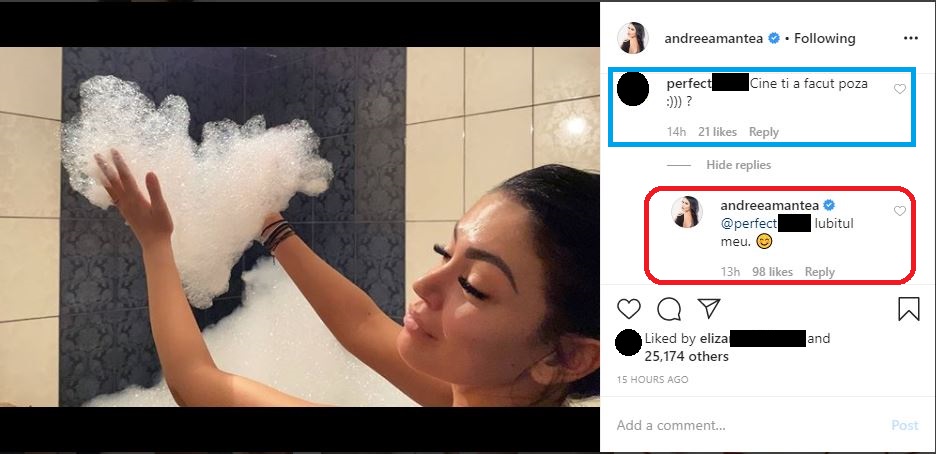 Andreea Mantea a publicat poza pe care i-a făcut-o iubitul misterios în timp ce era în cada plină cu spumă © Instagram