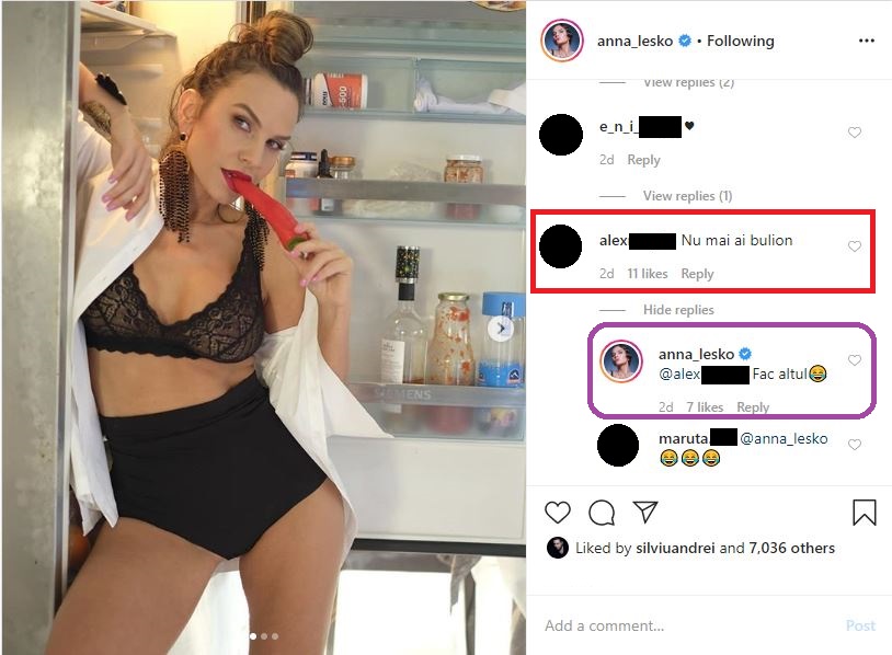 Unul dintre fani a făcut o glumă cu Anna Lesko, după ce aceasta a postat o poză HOT realizată în timp ce avea ușa frigiderului deschisă © Instagram