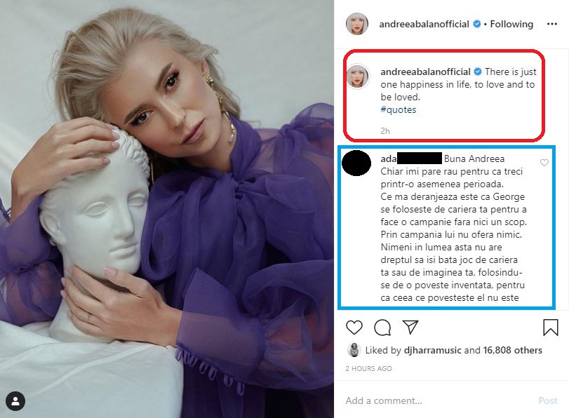 Acesta este mesajul postat astăzi de Andreea Bălan în timp ce soțul ei, George Burcea, era în casă © Instagram