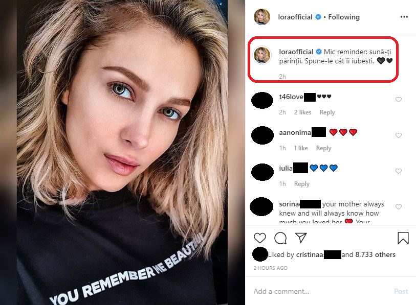 Astăzi, Lora i-a îndemnat pe toți internauții să își sune părinții și să le spună cât de mult îi iubesc © Instagram