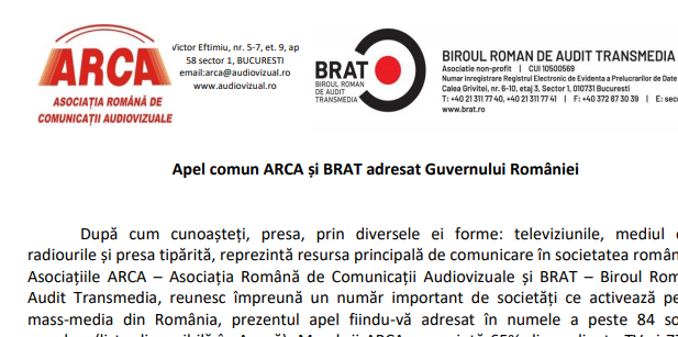 Imagine Stire ARCA și BRAT, apel comun către Guvernul României: ”Ajutați presa să reziste crizei!” | 2review.ro
