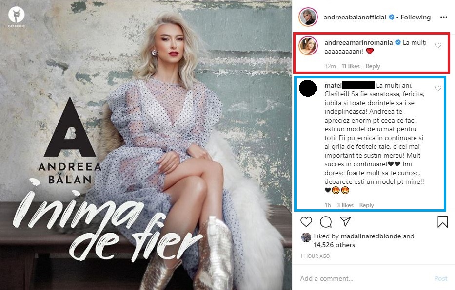 gggg Andreea Marin a reacționat la postarea emoționantă a Andreei Bălan de ieri, când Clara a împlinit un an, iar ea și-a lansat melodia “Inimă de fier” © Instagram