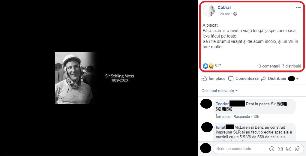 Cabral Ibacka , mesaj copleșitor în memoria lui Sir Stirling Moss © Facebook