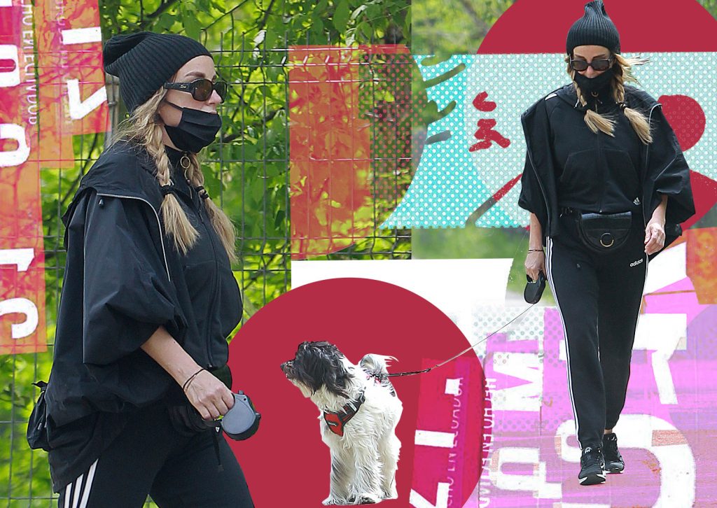 Tania Budi și-a plimbat câinele în „stil ninja”.  S-a camuflat cu mască, ochelari, căciulă și…