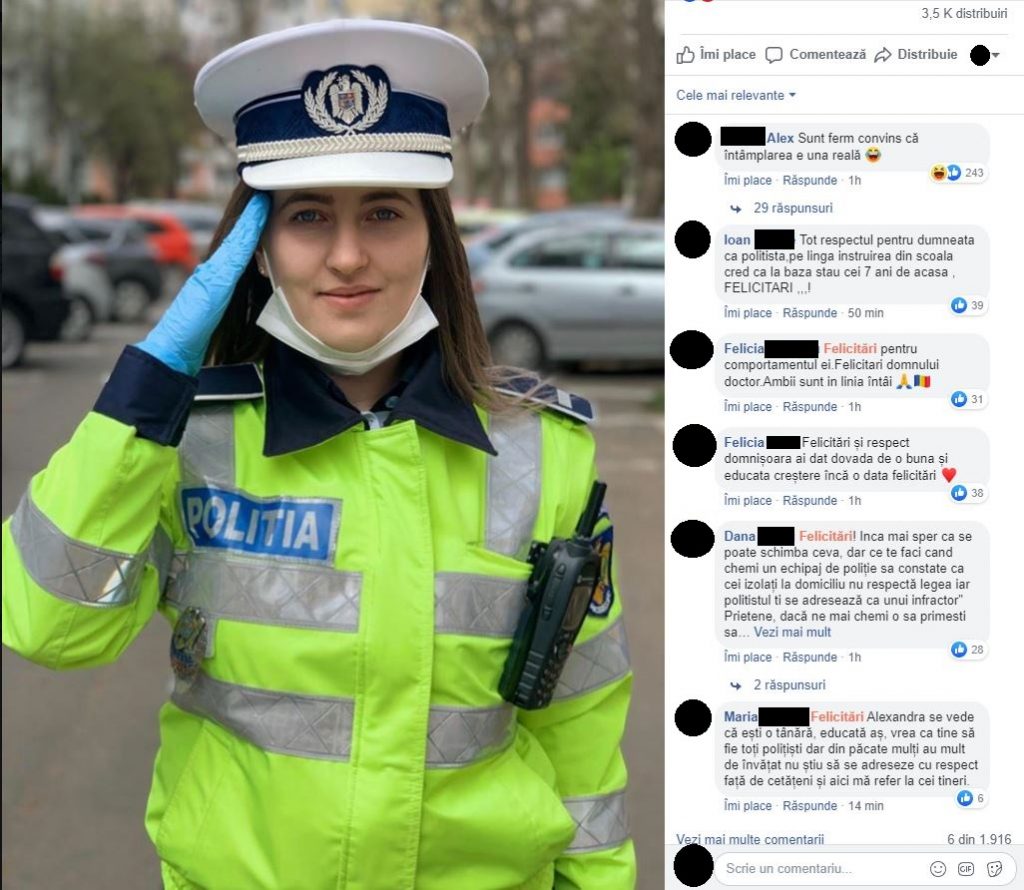 Alexandra, o tânără polițistă din Capitală, felicitată de sute de oameni pentru gestul făcut față de medicul pe care l-a oprit în trafic © Facebook