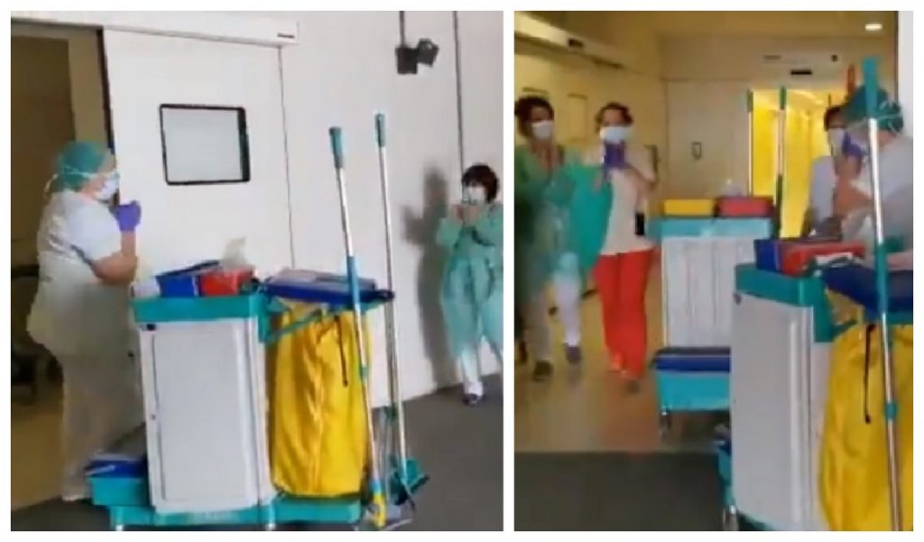 Imagine Stire VIDEO. Imagini emoționante! Femeile de serviciu din spitale au fost aplaudate minute în șir de cadrele medicale | 2review.ro