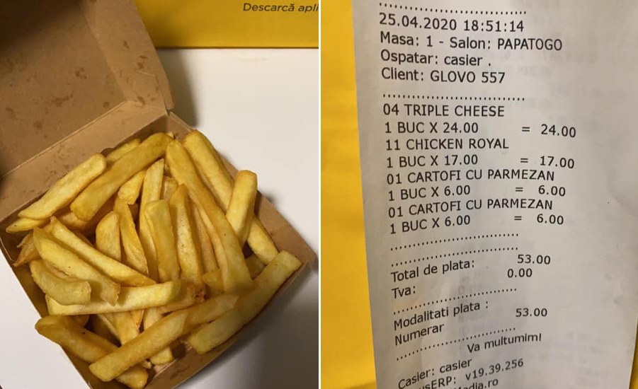 Imagine Stire De-a râsu’-plânsu’! Ireal ce a primit un tânăr din iași după ce a comandat o porție de cartofi prăjiți cu parmezan prin aplicația Glovo | 2review.ro