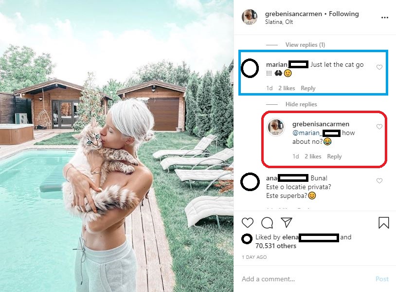 Carmen Grebenișan a făcut publică o poză în are apare topless și ține în brațe o felină superbă. Momentul a fost imortalizat în timp ce se afla pe marginea unei piscine © Instagram