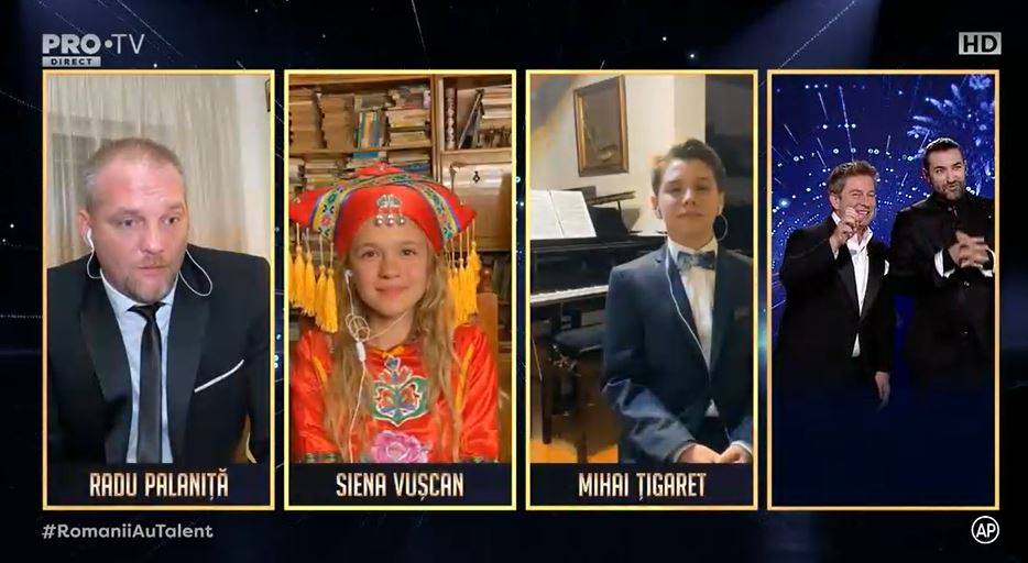 Radu Palaniță, Siena Vușcan și Mihai Țigaret, înainte ca Smiley și Pavel Bartoș să anunțe câștigătorul “Românii au talent” 2020 © Pro TV