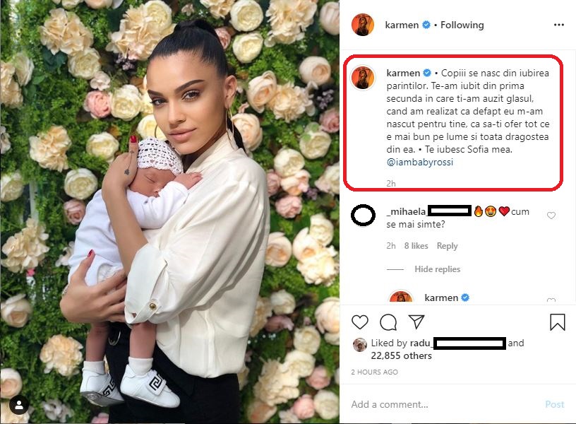 Karmen, mesaj extrem de emoționant pentru fetița sa în ziua externării © Instagram