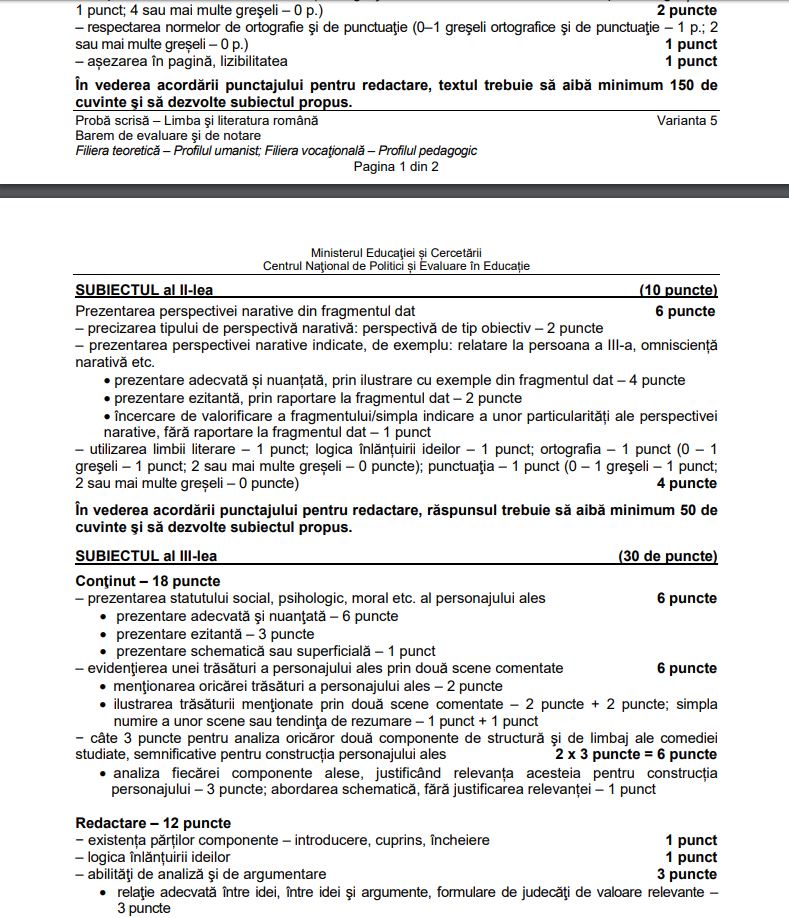 Baremul pentru profilul uman la proba scrisă la Limba și Literatura Română din cadrul examenului de bacalaureat 2020 © edupedu.ro