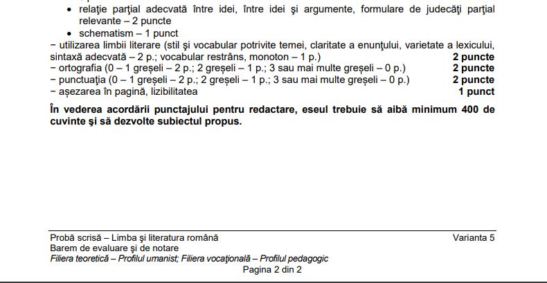 Baremul pentru profilul uman la proba scrisă la Limba și Literatura Română din cadrul examenului de bacalaureat 2020 © edupedu.ro