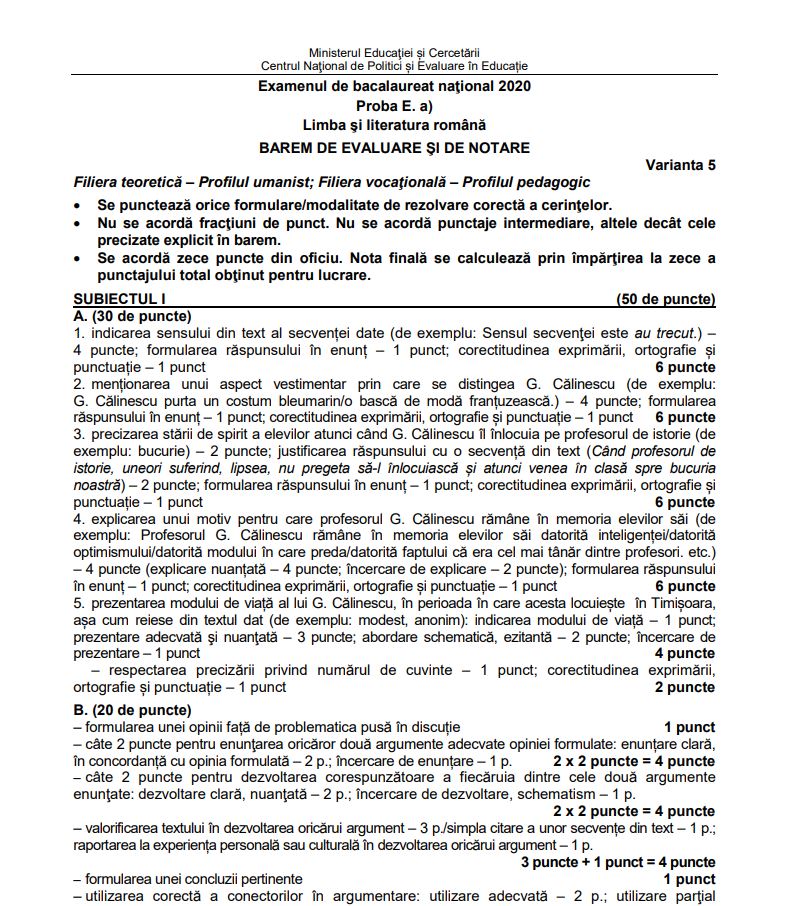 Baremul pentru profilul uman la proba scrisă la Limba și Literatura Română din cadrul examenului de bacalaureat 2020 © edupedu.ro