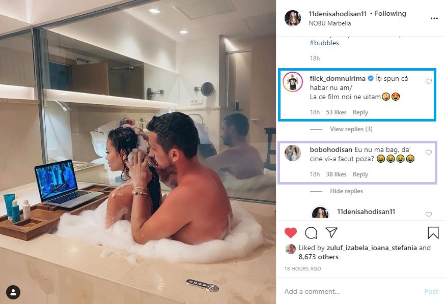 Denisa Hodișan și Flick și-au surprins apropiații și fanii cu această poză în care apar complet dezbrăcați în cada plină cu spumă © Instagram
