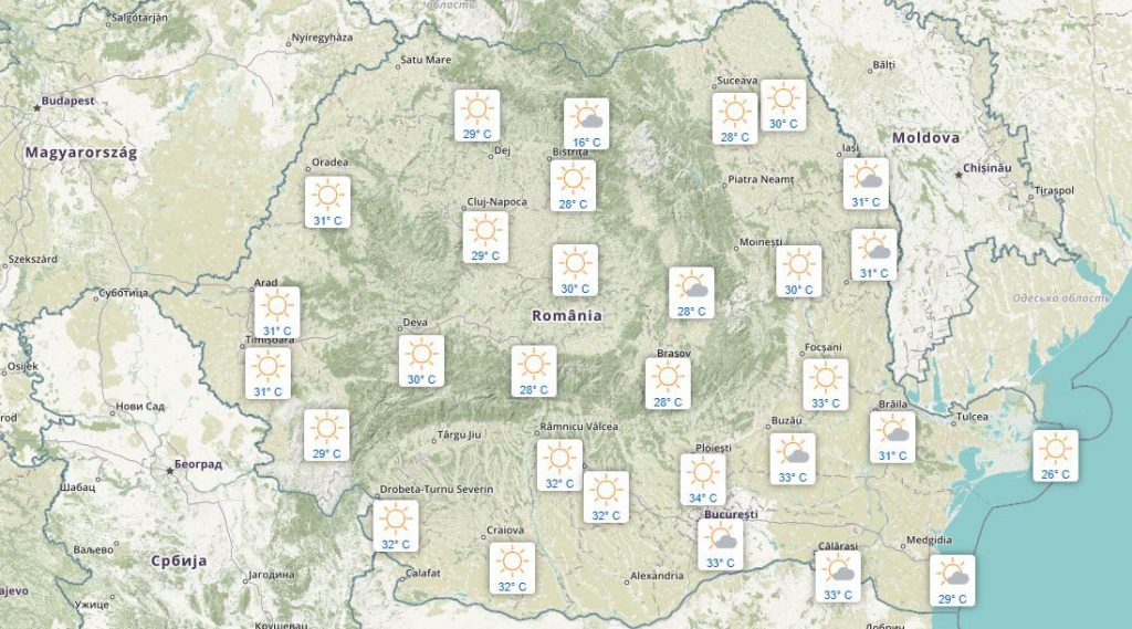 Temperaturi înregistrate astăzi, 22 august, în România © meteoromania.ro