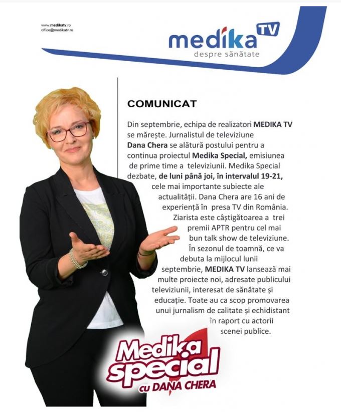 Dana Chera va prezenta o emisiune la Medika TV, o televiziune de nișă 