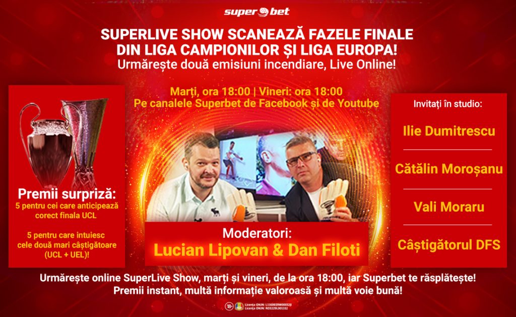 Imagine Stire SuperLive Show continuă online cu un nou sezon! Intuiește corect finala Ligii Campionilor și cele două mari câștigătoare ale UCL și UEL! | 2review.ro